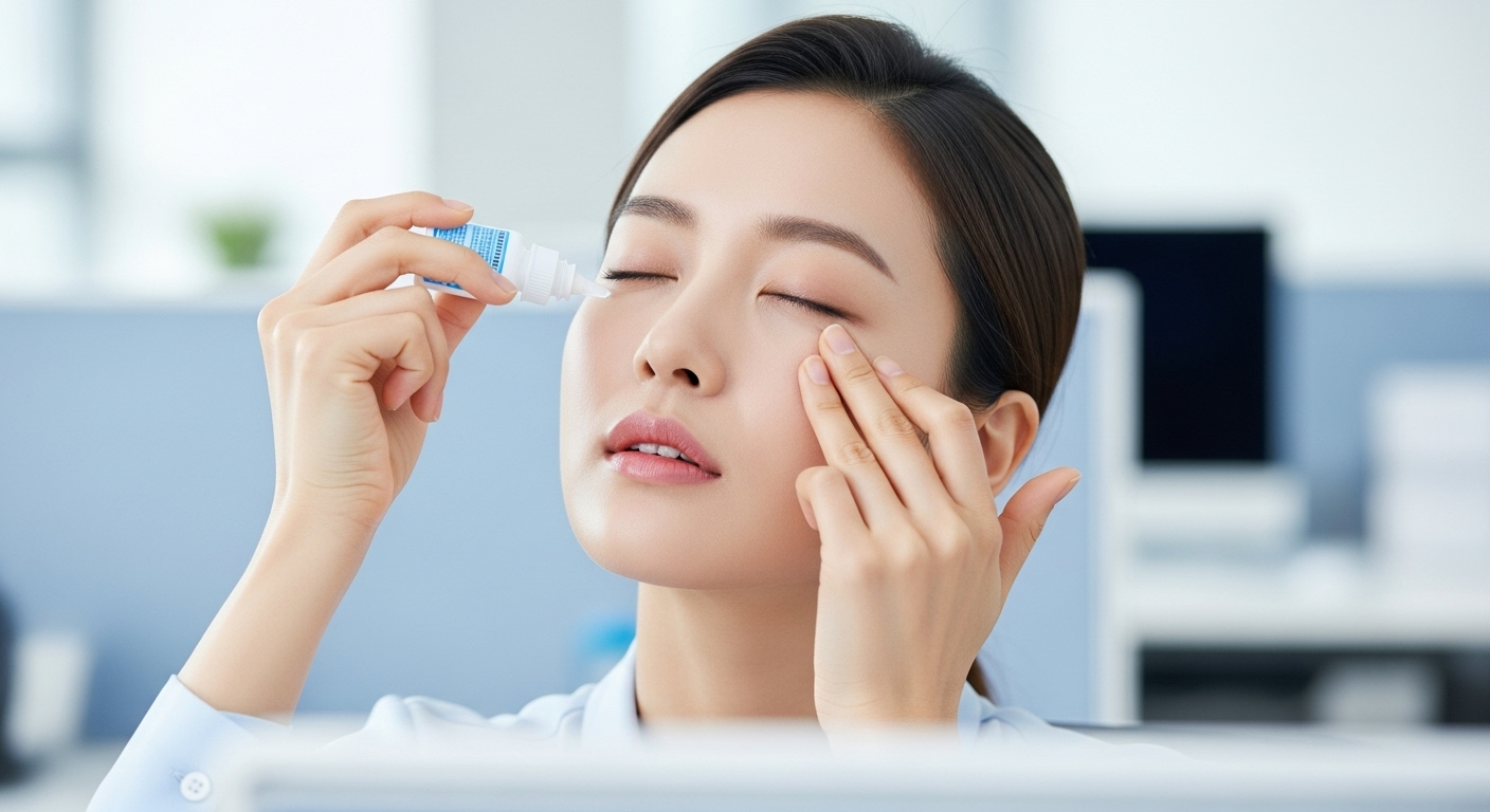 수술 초기 회복을 위해 무방부제 인공눈물을 눈에 점안하고 충분한 휴식을 취하는 과정